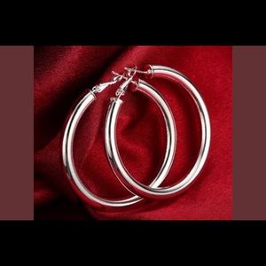 925 Sterling Silver thick round large 2” basic hoop earrings